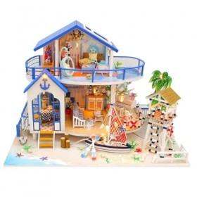 Maison de poupée miniature en bois bleu océan maison de poupée bricolage kit villa construction 3D modèle créatif cadeaux pou
