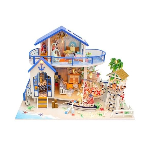Maison de poupée miniature en bois bleu océan maison de poupée bricolage kit villa construction 3D modèle créatif cadeaux pou