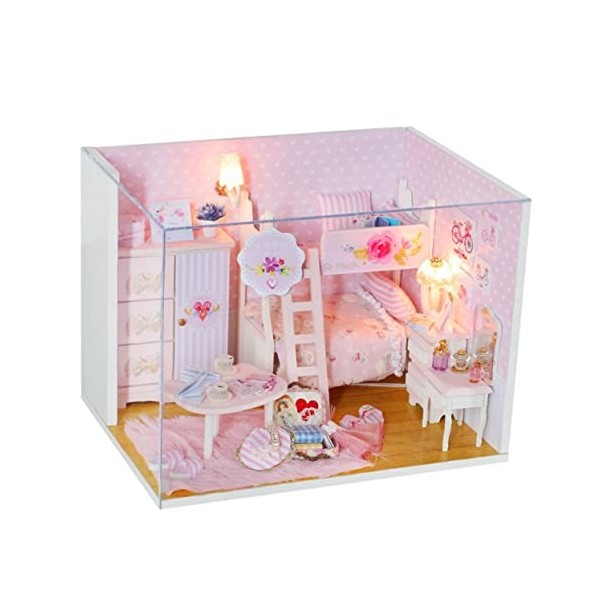 Toyvian Maison De Poupée Éclairée Cadeau danniversaire pour Enfants Kit De Maison De Poupée en Bois Bricolage Maison en Bois