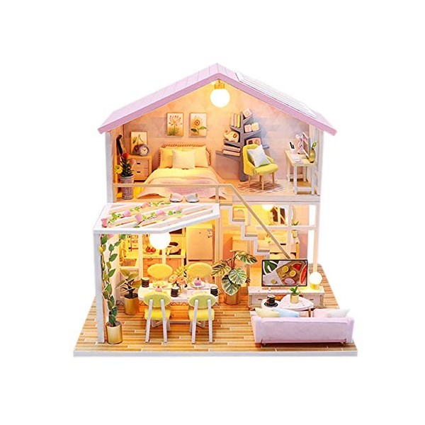 WonDrtherC Pink Penthouse LOFT House Kit de Mini Maison de poupée 3D avec lumières LED, Mouvement de Musique, Anti-poussière,