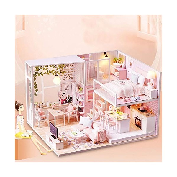 Modèle en Bois De Maison De Poupée Puzzle 3D, Modèle De Maison De Poupée Miniature 1/24 avec Lumière LED, Cadeaux Artisanaux 