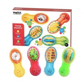 Halilit Young Maestro Gift Set. 4 Durable Real Musical Instruments. Easy Grip Shaker Rattles for Babies. BPA Free. Baby Senso