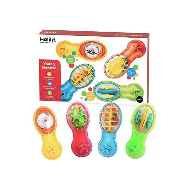 Halilit Young Maestro Gift Set. 4 Durable Real Musical Instruments. Easy Grip Shaker Rattles for Babies. BPA Free. Baby Senso