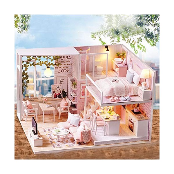 Kit de Maison de Poupée Mini Kit de Maison de Poupée Kit Miniature Boisé 1/24 Miniature Dollhouse LED Light Furniture Doll Ho