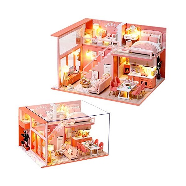 erhumama Maison de poupée miniature loft avec housse anti-poussière et accessoires de balcon DIY maison de poupée Duplex Apar