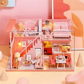 erhumama Maison de poupée miniature loft avec housse anti-poussière et accessoires de balcon DIY maison de poupée Duplex Apar