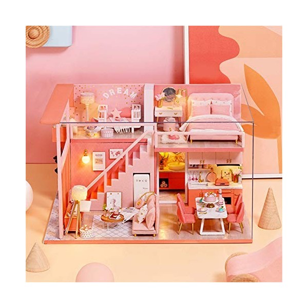 erhumama Maison de poupée miniature loft avec housse anti-poussière et accessoires de balcon DIY maison de poupée Duplex Apar