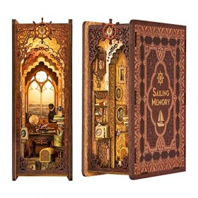 Fsolis Book Nook Kit, DIY Mini maison de poupée, avec meubles en bois et lumières LED, Puzzle en bois 3D, Inserts de Coin de 