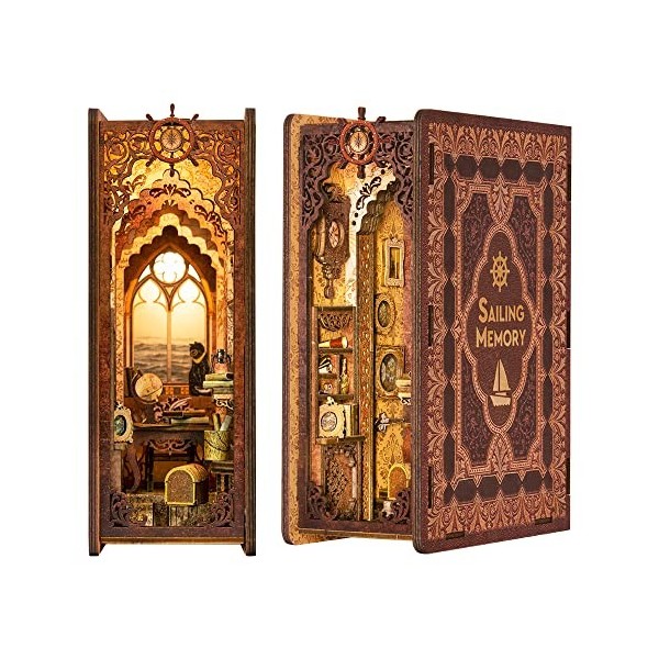 Fsolis Book Nook Kit, DIY Mini maison de poupée, avec meubles en bois et lumières LED, Puzzle en bois 3D, Inserts de Coin de 