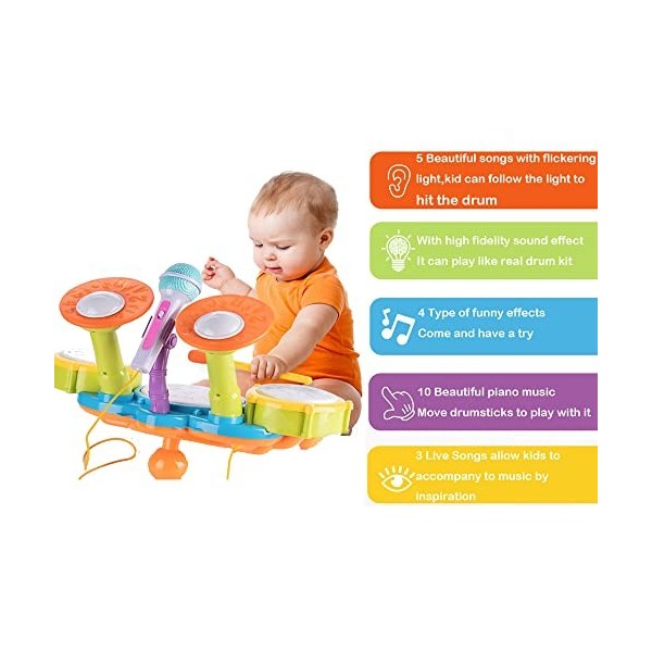 Batterie Jouets pour tout-petits Instruments de musique pour les  tout-petits 1-3 ans, batterie pour enfants avec 2 baguettes de tambour  Microphone