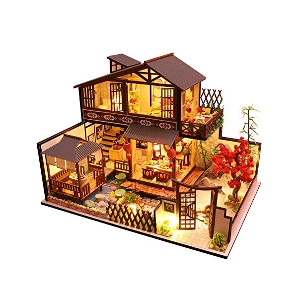 erhumama Maison de poupée miniature en bois avec éclairage LED 3D fait à la main