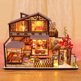 erhumama Maison de poupée miniature en bois avec éclairage LED 3D fait à la main