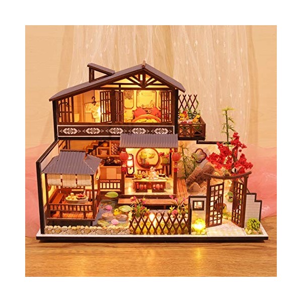 erhumama Maison de poupée miniature en bois avec éclairage LED 3D fait à la main