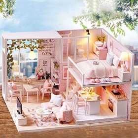 Raguso Kit de maison de poupée en bois léger 1/24 maison de poupée miniature avec éclairage LED pour maison et filles