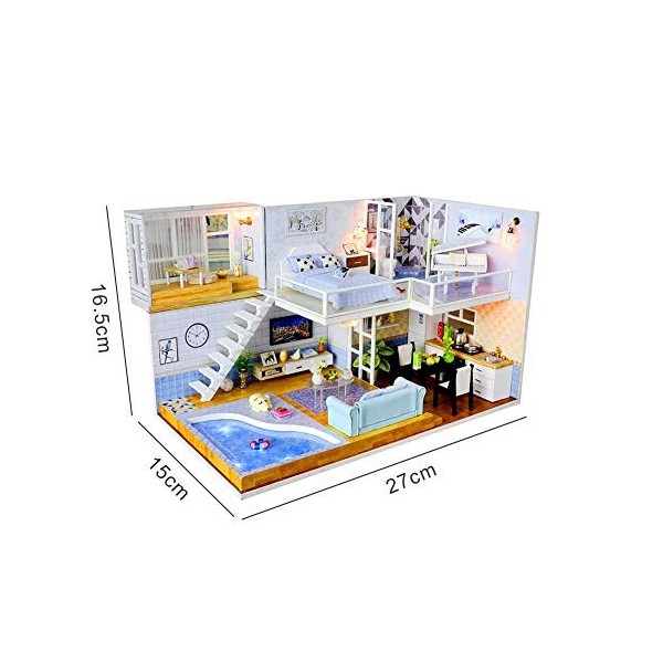 Dynamicoz Maison de poupée miniature avec mobilier, kit de maison de poupée en bois et mouvement musical anti-poussière pour 