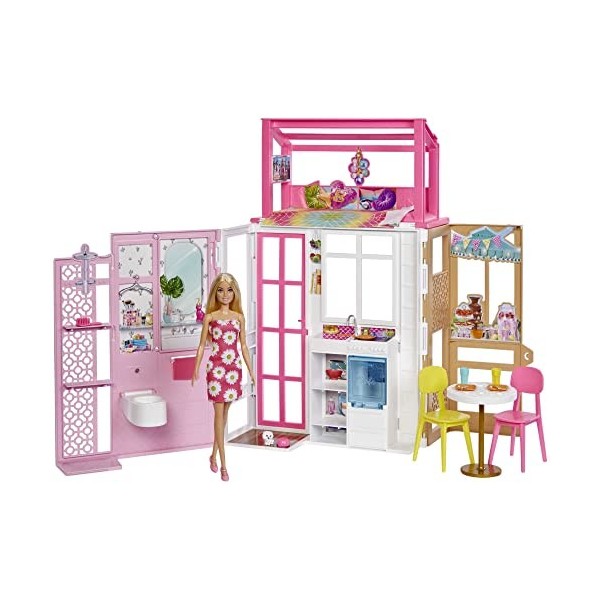 Barbie Cofret Maison et Poupée, avec Poupée Barbie et Maison à 2 Niveaux Entièrement Meublée avec 4 Zones de Jeu, Chiot et Ac