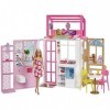 Barbie Cofret Maison et Poupée, avec Poupée Barbie et Maison à 2 Niveaux Entièrement Meublée avec 4 Zones de Jeu, Chiot et Ac