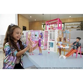 Barbie Cofret Maison et Poupée, avec Poupée Barbie et Maison à 2&nbsp;Niveaux Entièrement Meublée avec 4&nbsp;Zones de Jeu, Chiot et Ac