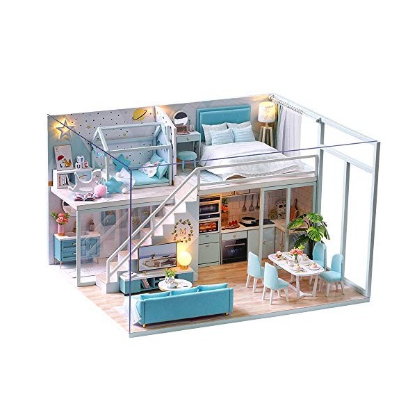 Fsolis Miniature avec des Meubles de Maison de poupée, kit 3D Dollhouse en Bois Ainsi Que la poussière et Le Mouvement de la 