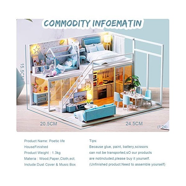 Fsolis Miniature avec des Meubles de Maison de poupée, kit 3D Dollhouse en Bois Ainsi Que la poussière et Le Mouvement de la 