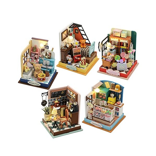 Lot de 5 mini maisons de poupée dangle avec lumière LED, fabriquées à la main, kit de maison de poupée miniature, échelle 1: