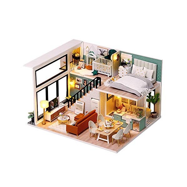 WDC Ensemble de meubles de maison de poupée miniature en bois 1:24 - Loft - Maison de jouets 3D assemblée - Puzzle créatif