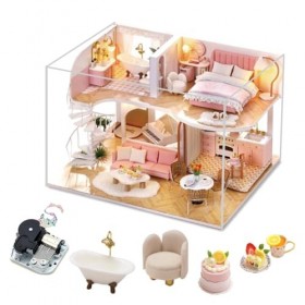 Maison de poupée en duplex mignon avec housse anti-poussière et boîte à musique DIY Miniature Meuble 3D Maison avec lumière L