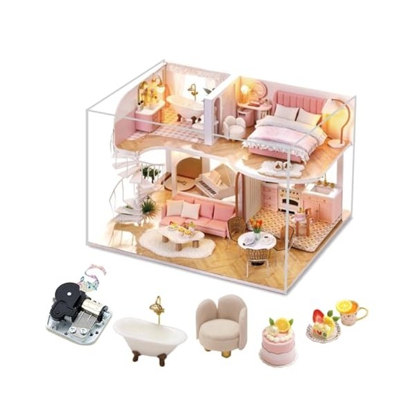 Maison de poupée en duplex mignon avec housse anti-poussière et boîte à musique DIY Miniature Meuble 3D Maison avec lumière L