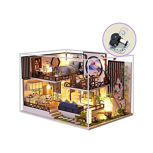 Magnifique maison de poupée miniature en bois de style chinois avec lumières LED et housse de protection anti-poussière