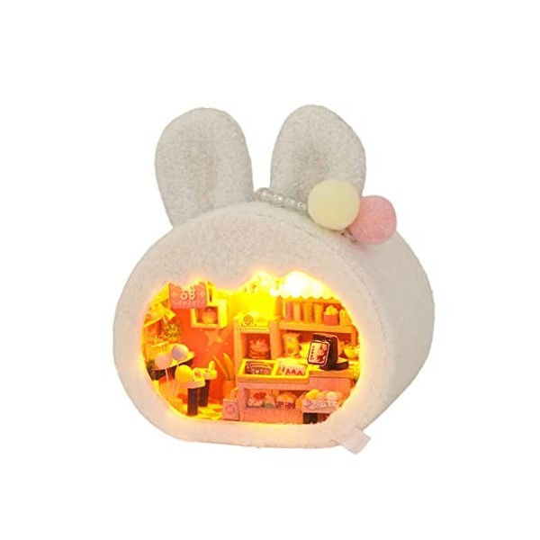 GisooM Kit de maison de poupée miniature à faire soi-même en peluche lapin maison de poupée mini meubles en bois avec lumière