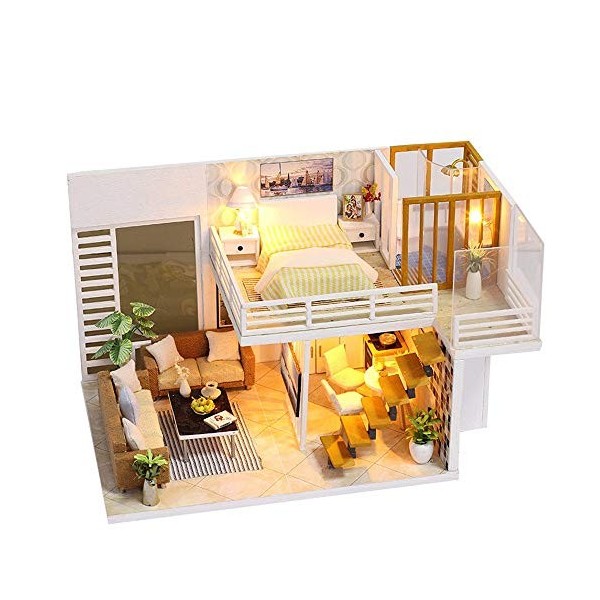 Momola Poupée Bricolage en Bois Jouet LED Mini Maison De Poupée Ensemble Jouet Bonheur Urbain Style Assemblage Jouet Kit avec