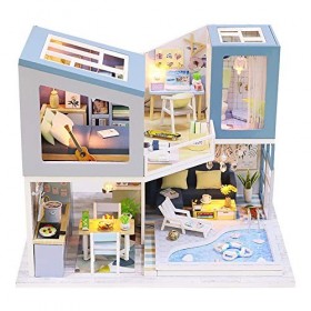 WonDalem Creative Beach House Toy House, modèle de Maison de poupée Miniature en Bois de 2 étages, avec Housse de Protection,