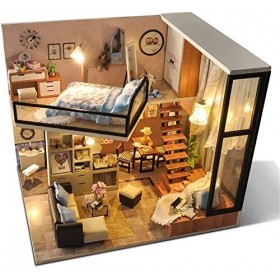 Mopoq Double cabine Storey Grenier Dollhouse Miniature Meubles, Maison de poupée en bois Montage bricolage Kit plus étanche à