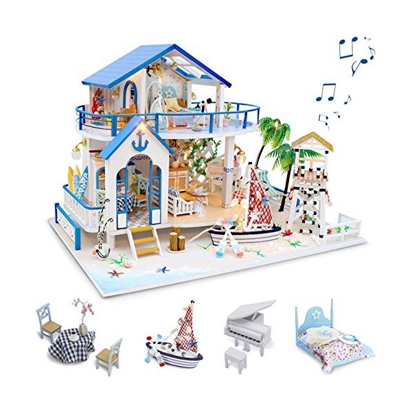 GuDoQi Kit de Maison De Poupée Bricolage, Maison de Poupée Miniature en Bois avec Mobilier et Musique, Modèle de Appartement 