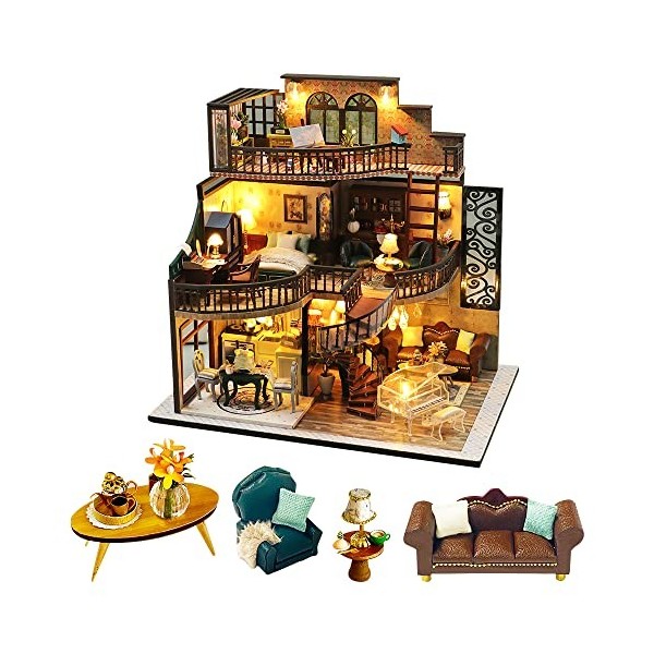 CUTEBEE Miniature avec des Meubles de Maison de poupée, kit DIY Dollhouse en Bois Ainsi Que la poussière et, 1:24 Salle créat