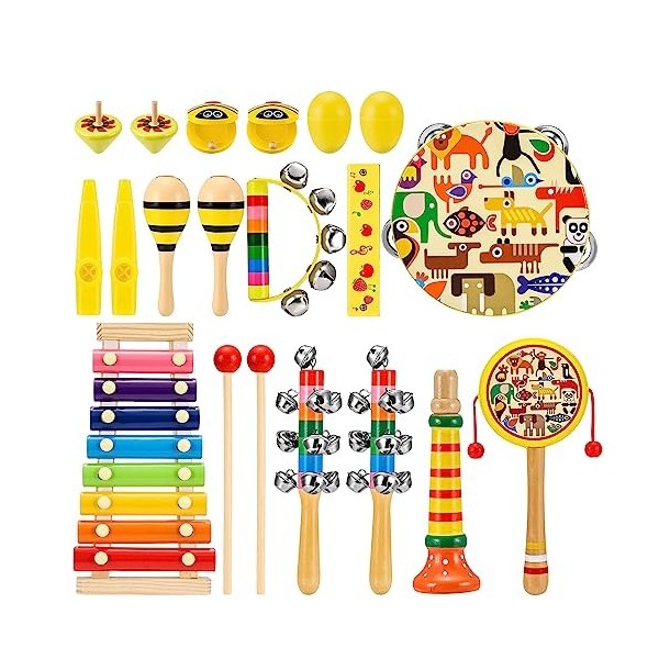 Anpro Instruments de Musique pour Enfants, Ensemble de Jouets Musicaux en Bois, Instrument Percussion Bébé avec Xylophone, Ta