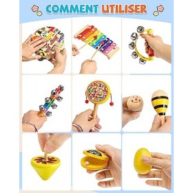 Anpro Instruments de Musique pour Enfants, Ensemble de Jouets Musicaux en Bois, Instrument Percussion Bébé avec Xylophone, Ta