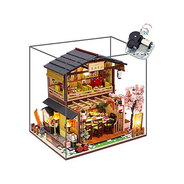 Sushi Shop Dollhouse Kit Miniature, Style Japonais Double-Decker Sushi Restaurant de poupée en Bois Maison DIY Scène Architec