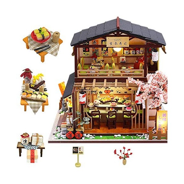 Sushi Shop Dollhouse Kit Miniature, Style Japonais Double-Decker Sushi Restaurant de poupée en Bois Maison DIY Scène Architec