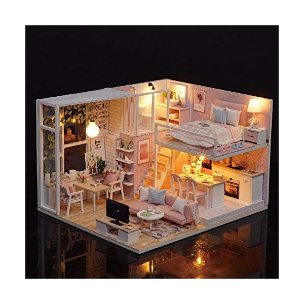 Atyhao Kit de Bricolage Miniature de Maison de poupée, en Bois 1:24 Maison de poupée Miniature lumière LED Meubles Kit de Mai