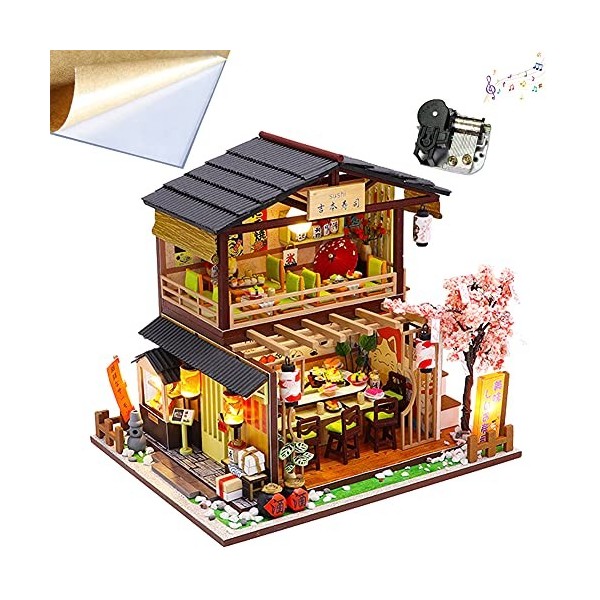 WonDrtherC kit de modèle de magasin de sushi japonais en bois bricolage, kit de maison de poupée 3D, jouets de construction e