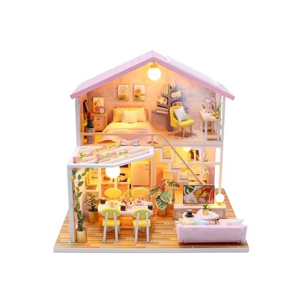 misppro Maison de poupée miniature DIY Chat Coffee Shop Kit avec meubles et lumière LED pour cadeau romantique de Saint-Valen