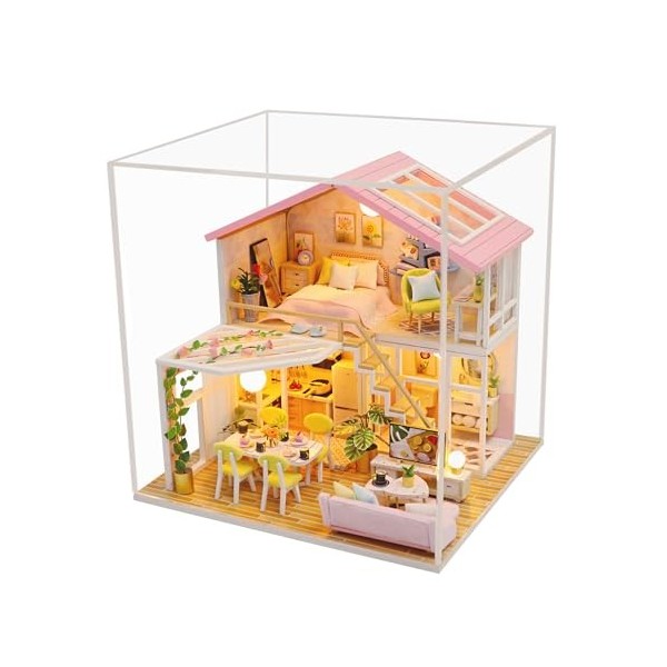 misppro Maison de poupée miniature DIY Chat Coffee Shop Kit avec meubles et lumière LED pour cadeau romantique de Saint-Valen