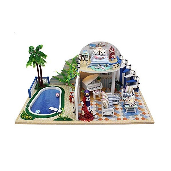 Maisons de poupée, Bricolage Maison de poupées en Bois Artisanat Miniature Kit modèle de Construction Jouets Piscine décorati