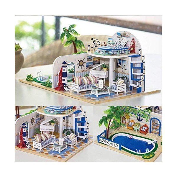 Maisons de poupée, Bricolage Maison de poupées en Bois Artisanat Miniature Kit modèle de Construction Jouets Piscine décorati