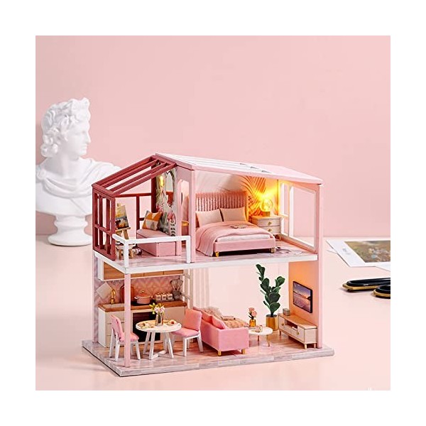 Maison de Poupées en Bois 3D avec Cache Poussière, Maison de Poupée avec Meubles, Maison Miniature a Construire Romantique et