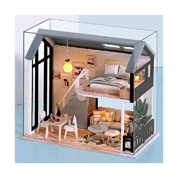 Maison de Poupées en Bois 3D avec Cache Poussière, Maison de Poupée avec Meubles, Maison Miniature a Construire Romantique et