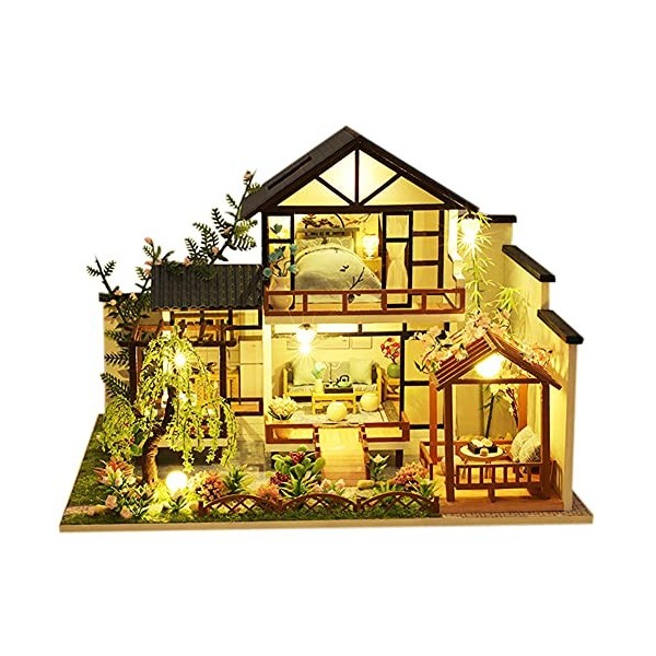 erhumama Maison de poupée miniature de style chinois à monter soi-même avec meubles LED - Jouet en bois - Cadeau pour enfant