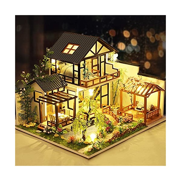 erhumama Maison de poupée miniature de style chinois à monter soi-même avec meubles LED - Jouet en bois - Cadeau pour enfant