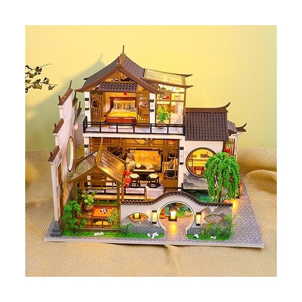 Kit de boîte à musique de style chinois pour maison de poupée à monter soi-même, modèle de maison miniature avec lumières LED